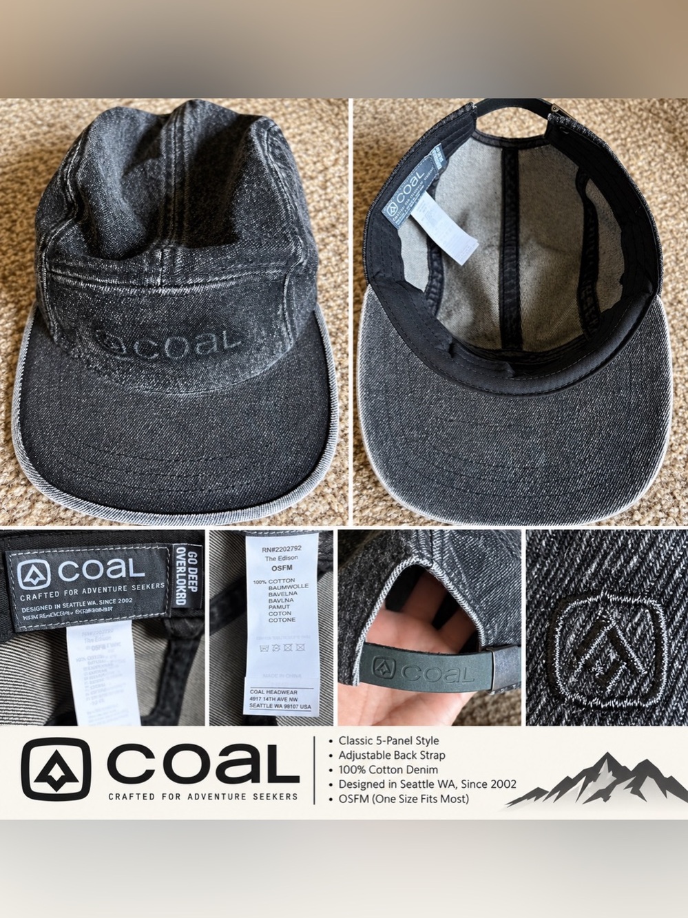 Coal The Edison Hat Denim 5-Panel Cap Black OSFM